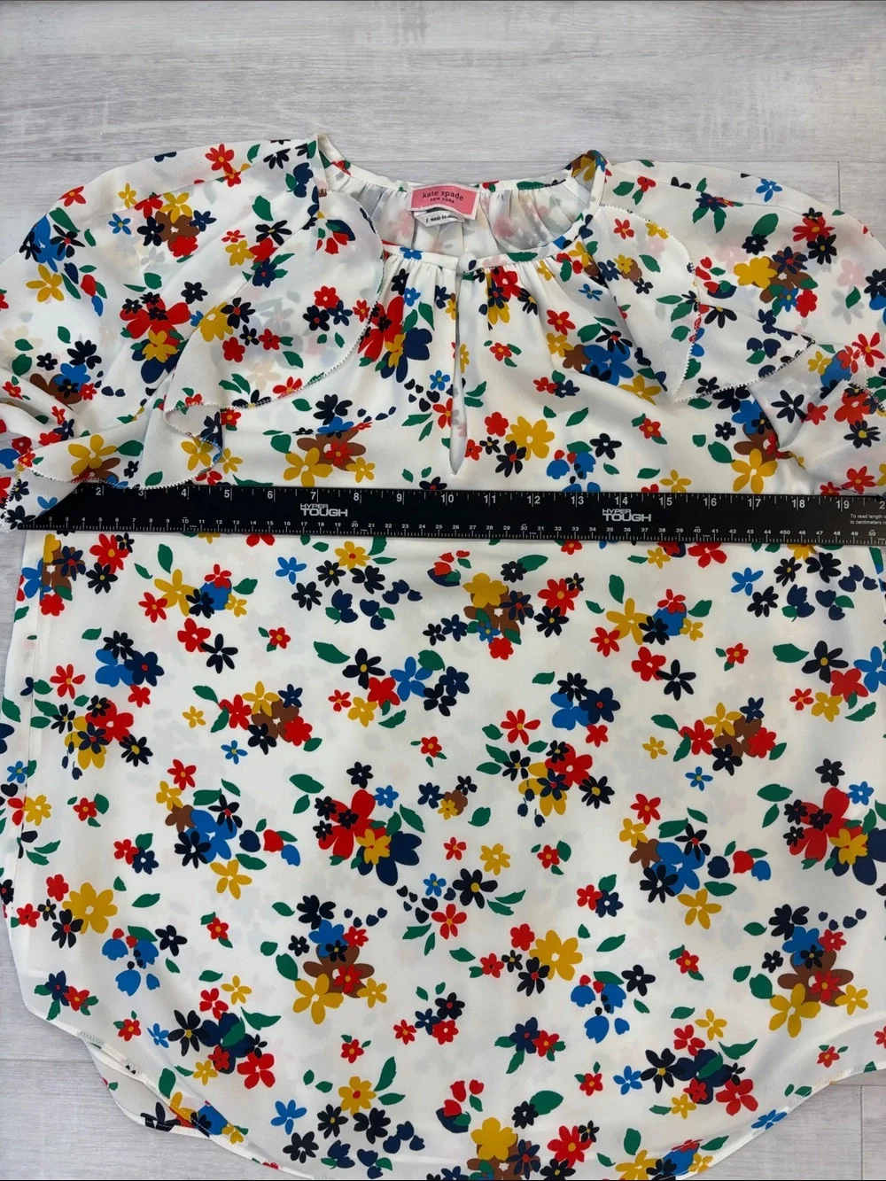 kate spade Blouse Cream Blue Red Floral Long-Sleeves with elastic size small
